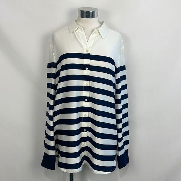 Blue White Striped With Collar Sweatshirt - Picture 1 of 5